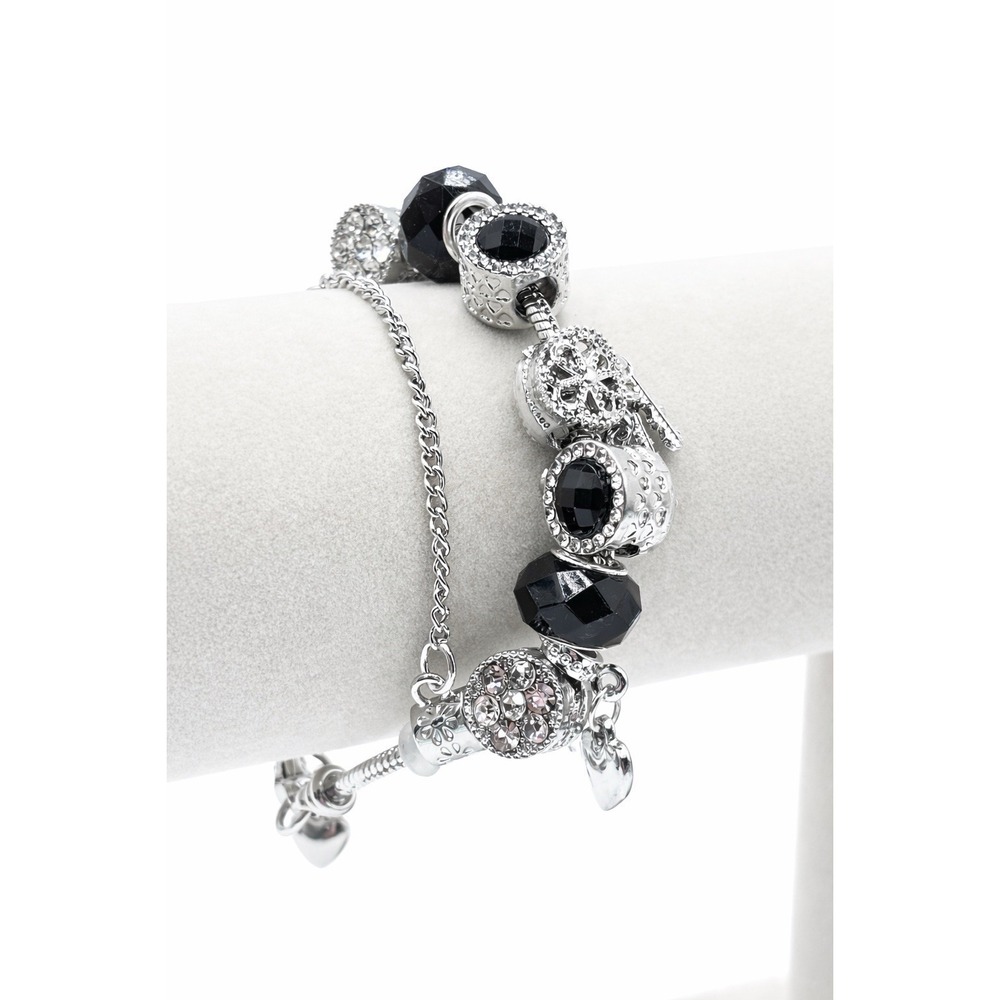 RubyCa Charm Bracelet Black Silver Rhinestone Beads Toggle Clasp 7" Adj